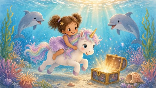 Mia riding Pearl the unicorn underwater past smiling dolphins toward a glowing treasure chest